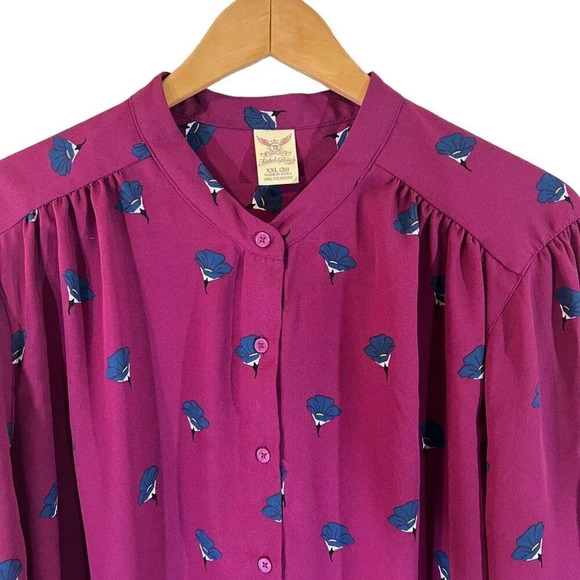 Faded Glory Floral Button Up Blouse Plus XXL Purple Teal Blue All Over Flowers - Picture 3 of 5